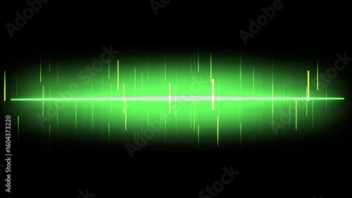 Vibrant green audio equalizer pulsing on a dark background. Perfect for music visualization, podcast intros, tech, and digital content. Dynamic sound wave.