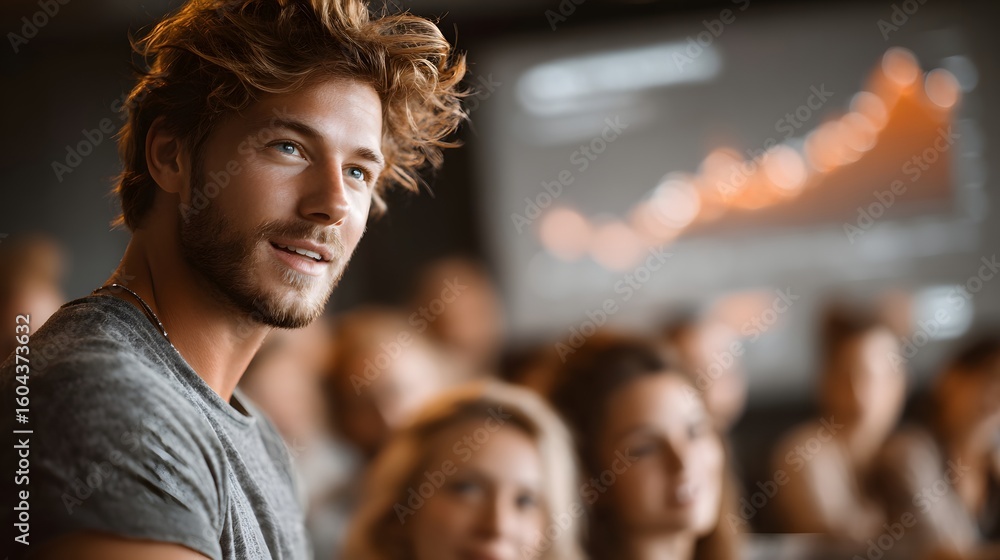 Obraz premium A young casually dressed man with curly hair appears to be enjoying himself amidst an enthusiastic crowd at an energetic event or performance with the stage and lighting visible in the background