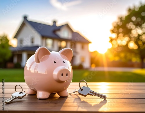 Piggy bank and house keys on a wooden surface, sunset background