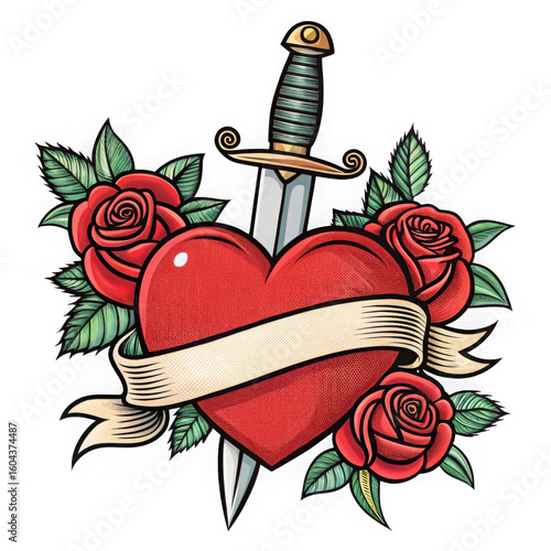 Classic tattoo design of a red heart pierced by a dagger surrounded by roses isolated on transparent background