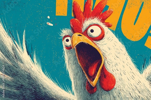 Illustration of a chicken screaming with its wings in the air, existential dread face expression, exaggerated cartoon
