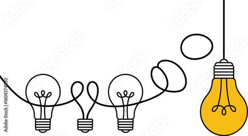 Three unlit bulbs connected by a wire leading to a single lit bulb hanging from the ceiling line