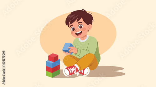 Illustration of child sitting on ground and playing with colorful building blocks, symbolizing early learning, creativity, and playful development