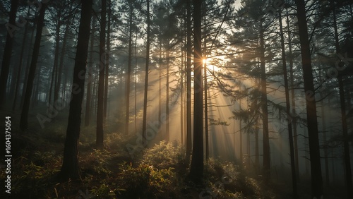 Mystical Sunrise Piercing a Foggy Forest