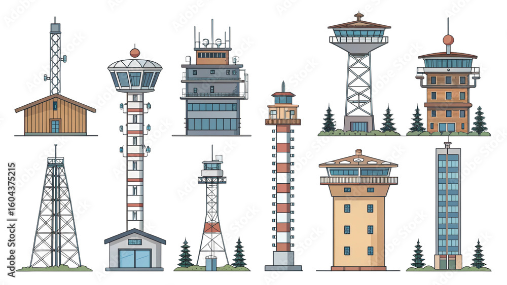 Obraz premium Collection of different hybrid tower line icons separated from each other with cabin and antenna mix blank background