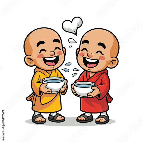 Two happy monks sharing a drink children smiling