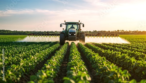 Tractor Spraying Crops at Sunset - Sustainable agriculture