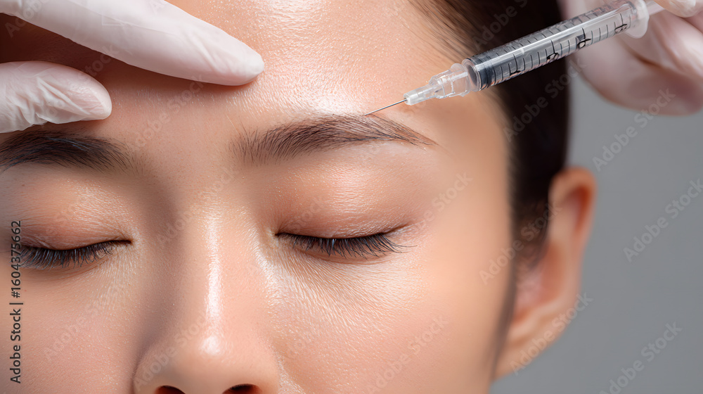 A woman receiving Botox treatment as part of cosmetic injections to improve wrinkles at a cosmetic surgery clinic A woman receiving Botox treatment as part of cosmetic injections to improve wrinkles at a cosmetic surgery clinic