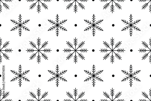 A repeating pattern of black snowflake shapes and small black circles on a white background design element