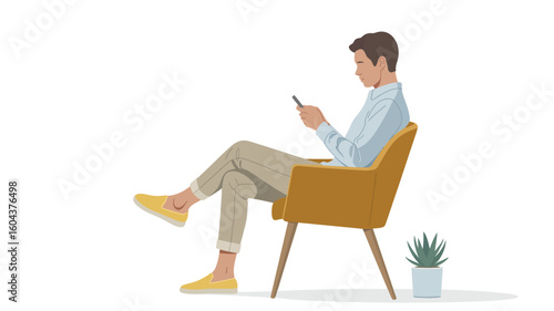 Illustration of person seated in brown armchair looking at smartphone with potted plant nearby, symbolizing digital leisure and personal time