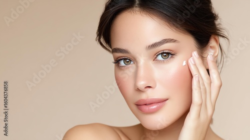 Minimal beauty routine facial mist Woman applying skincare on her face gently. skin hydration in minimal beauty routine