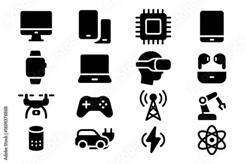 Modern technology icons collection featuring gadgets, devices, and tools in silhouette style