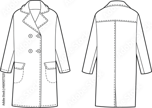 Double-breasted coat technical sketch, long sleeve overcoat flat design, fashion template for sewing, garment production, clothing vector and illustration