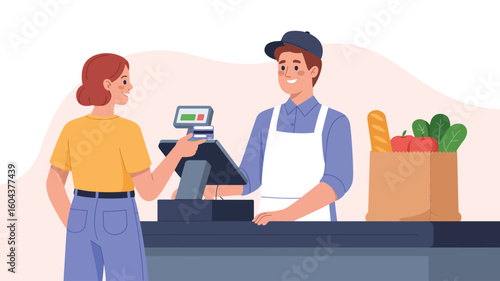 Illustration of person paying with card at grocery checkout counter, showing transaction, customer service, and fresh produce shopping