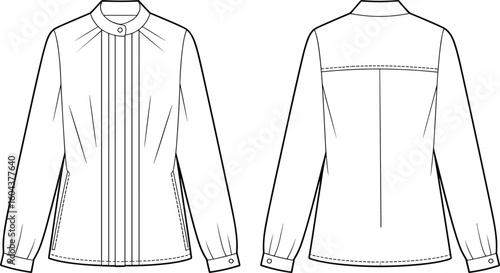 Cad drawing flat vector illustration, women’s blouse front and back, fashion flat sketch, pleated shirt template with long sleeves, collar