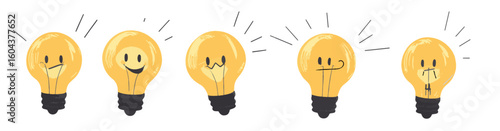 Light bulb hand drawn cute vector character.  Green energy environmental friendly renewable energy or clean circular energy concept. Sustainable energy sources.
