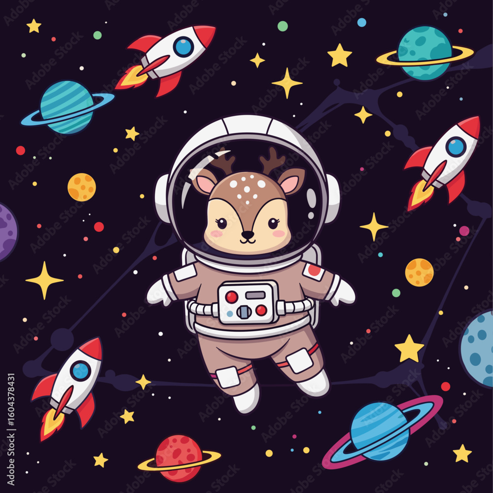 Cute Deer Astronaut in Space: Perfect for kids' apparel, space-themed websites, or children's book illustrations. Cute Deer Astronaut in Space: Perfect for kids' apparel, space-themed websites, or children's book illustrations.