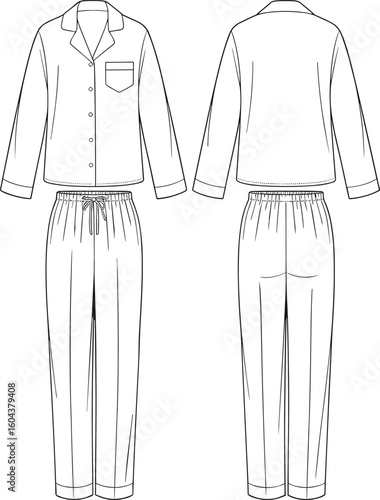 Flat sketch of women’s pajama set with long sleeves, drawstring pants, pocket detail, front and back views, sleepwear fashion illustration
