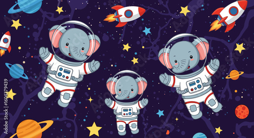 Cute elephants in astronaut suits floating in space, perfect for children's books or space-themed projects.