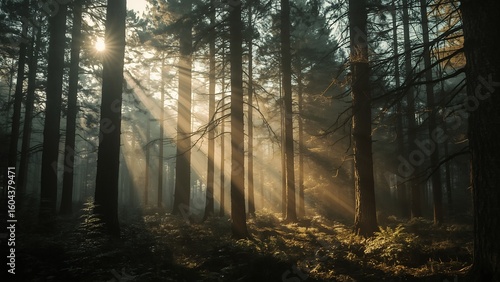 Mystical Forest Sunlight Piercing the Fog