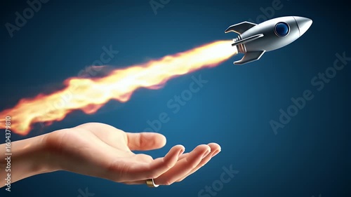 Illustration of a Rocket Launching From a Hand Against a Gradient Blue Background Symbolizing Startup Success and Technological Innovation with Dynamic Flames