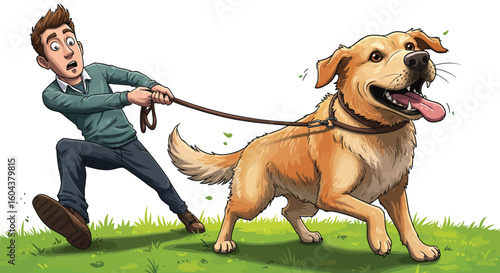 Man Struggling to Control a Playful Dog on a Leash