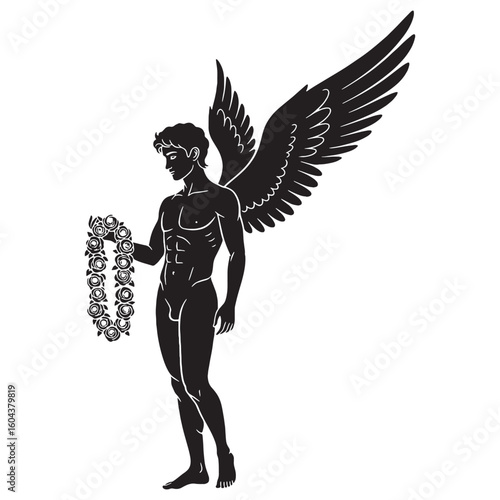 Desiring Eros black vector graphic, reflecting his yearning and powerful nature – Eros silhouette – Eros Vector – Silhouette of Eros – Greek god silhouette

