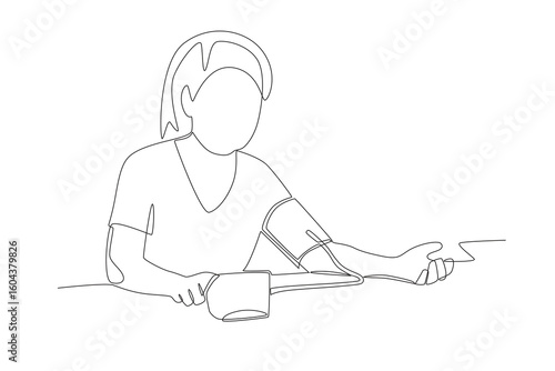 Women checking her blood pressure concept one-line drawing