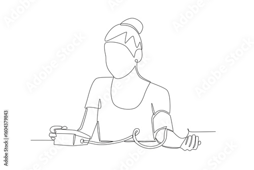 Women checking her blood pressure concept one-line drawing
