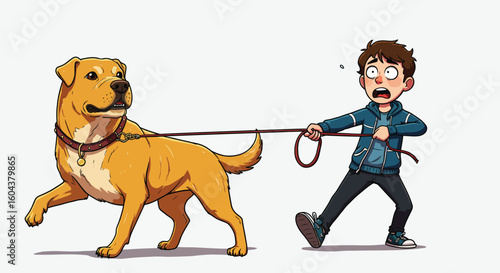 Man Struggling to Control a Playful Dog on a Leash