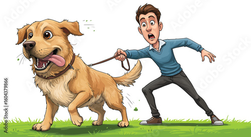 Man Struggling to Control a Playful Dog on a Leash