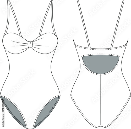 Flat technical sketch of women’s one piece swimsuit with bow front detail, spaghetti straps, back cutout, front and back view