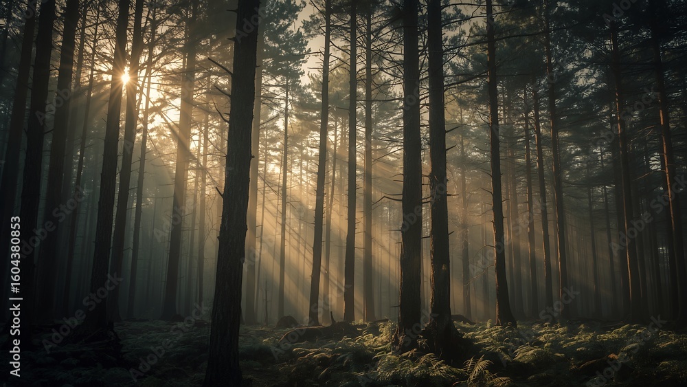 Obraz premium Sunbeams piercing a misty pine forest