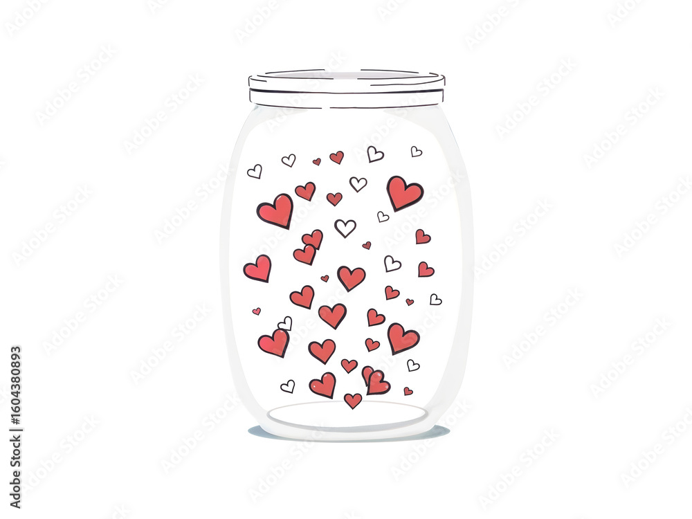 Cute cartoon jar filled with red hearts, love and valentine concept on white background. Generative AI Cute cartoon jar filled with red hearts, love and valentine concept on white background. Generative AI