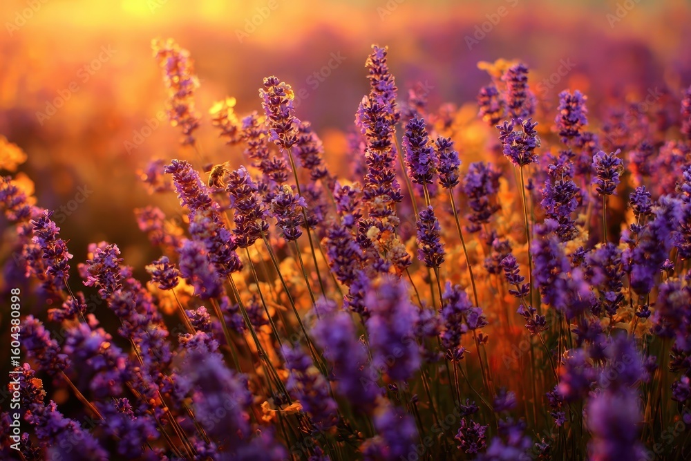 Naklejka premium Lavender field blooms at sunset, peaceful countryside view, nature background usage