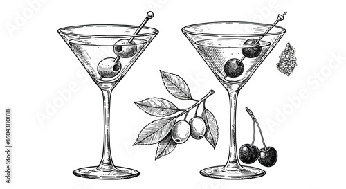 Classic Martini Glasses with Olives and Cherries Illustration