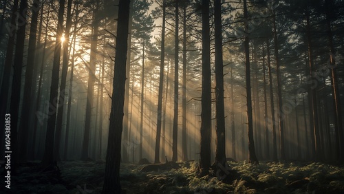 Sunbeams piercing a misty pine forest