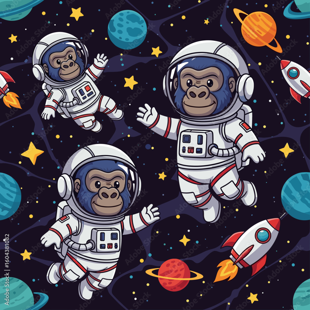 Cute gorillas in spacesuits floating in space, perfect for kids' apparel, space-themed projects, or children's books. Cute gorillas in spacesuits floating in space, perfect for kids' apparel, space-themed projects, or children's books.