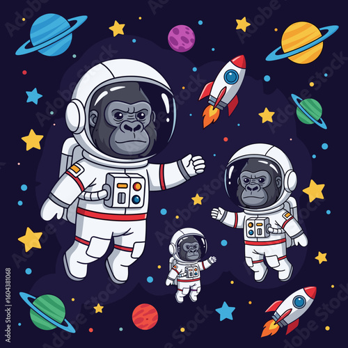 Cute Gorillas in Space: Astronaut Illustration for Kids' Products