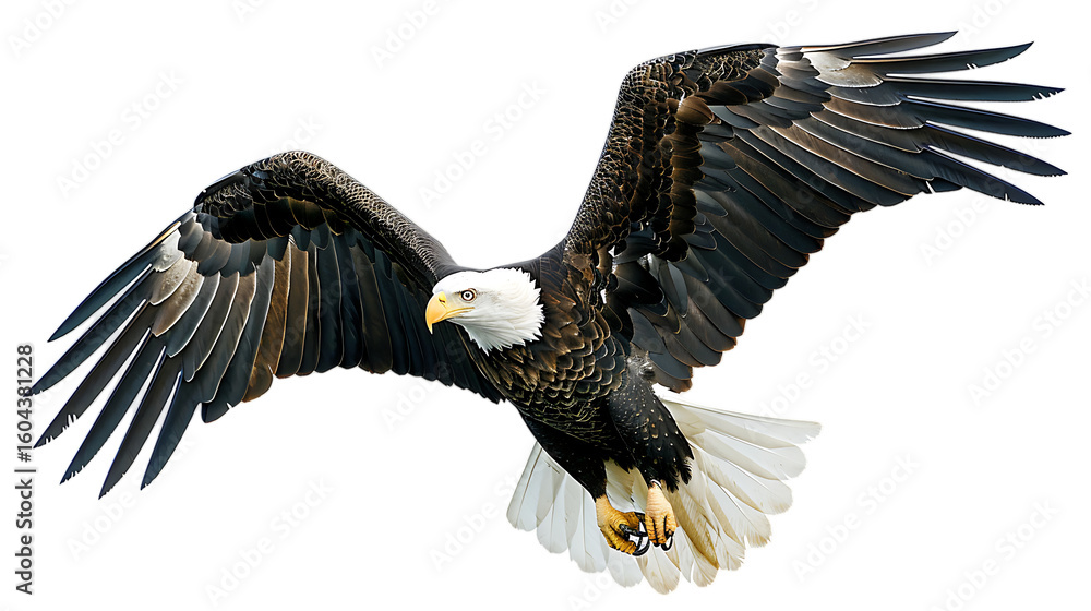 Fototapeta premium A majestic bald eagle soaring through the air with its wings fully extended in a powerful display of flight isolated with white background