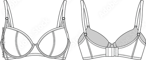 Front and back view technical fashion sketch of women's bra design, detailed lingerie cad flat vector illustration for garment industry use