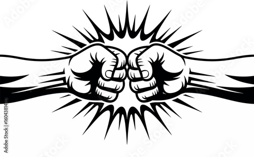 Two fists bumping together with a burst of energy or impact in a black and white illustration