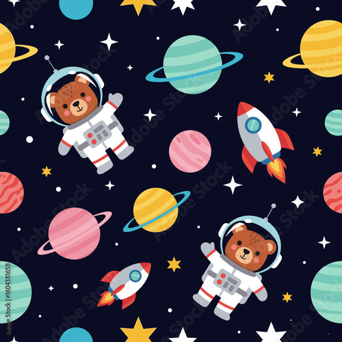 Adorable teddy bears in spacesuits exploring the cosmos, perfect for children's products or space-themed designs.