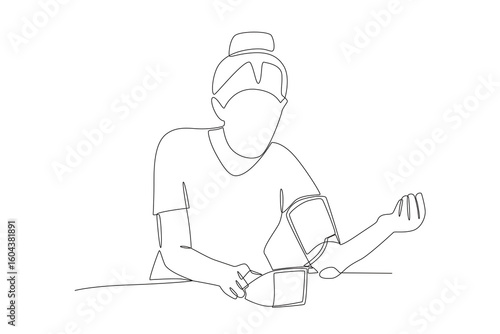 Women checking her blood pressure concept one-line drawing