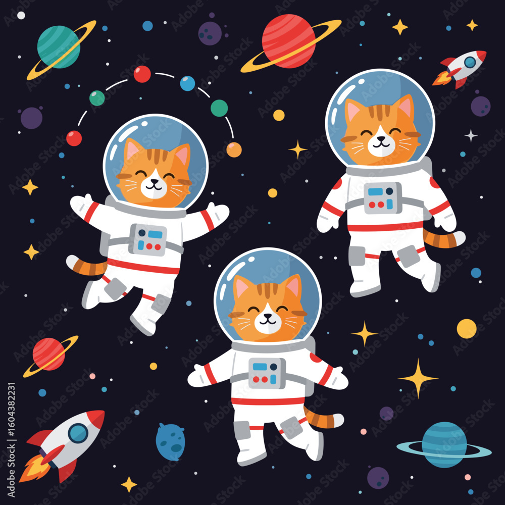 Fototapeta premium Three cute cats in astronaut suits floating in space, perfect for children's books, websites, or apparel.