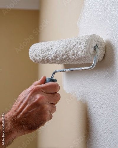 Hand Holding Paint Roller Applying White Paint on Interior Wall During Home Renovation Project