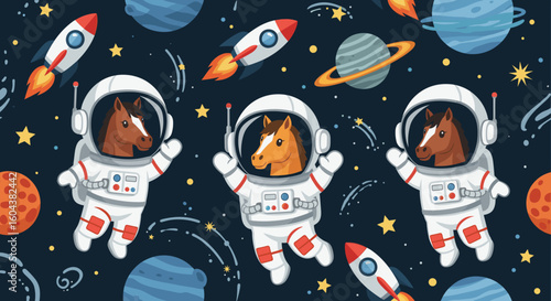 Cute horses in astronaut suits floating in space, perfect for kids' apparel or space-themed designs.