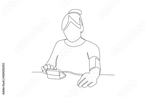 Women checking her blood pressure concept one-line drawing