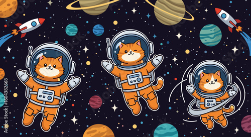 Cute cartoon cats in astronaut suits floating in space, perfect for children's books, websites, or apparel.