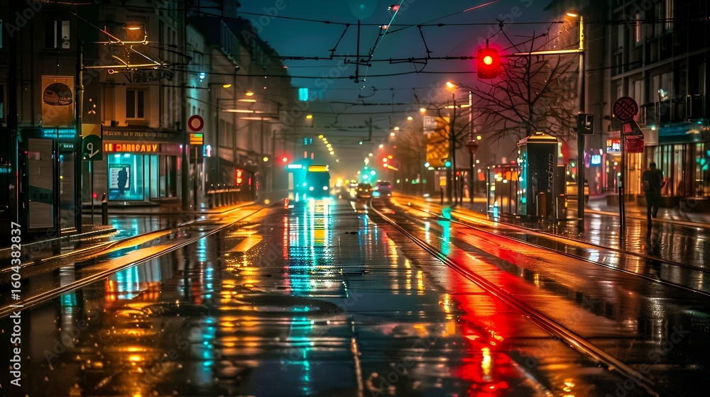 Fototapeta premium Glowing red and blue emergency lights reflecting on wet pavement in dramatic night scene.